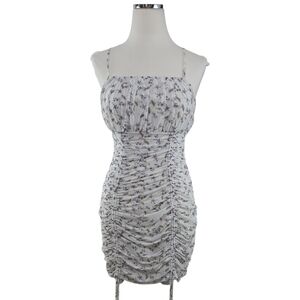 LE LIS Ruched Floral Mini Dress M Cream Blue Coquette Bodycon Adjustable Lined